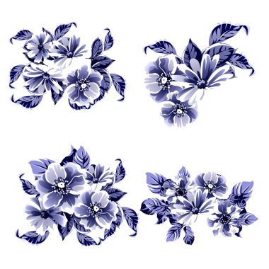 Kusursuz mavi monokrom klasik çiçek deseni