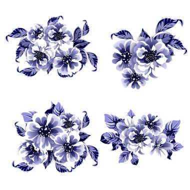 Kusursuz mavi monokrom klasik çiçek deseni