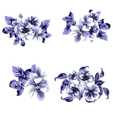 Kusursuz mavi monokrom klasik çiçek deseni