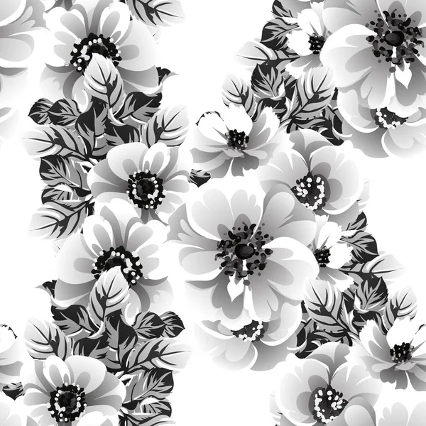 Seamless Monochrome Vintage Style Flowers Pattern — Stock Vector