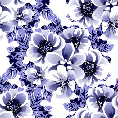 Kusursuz mavi monokrom klasik çiçek deseni