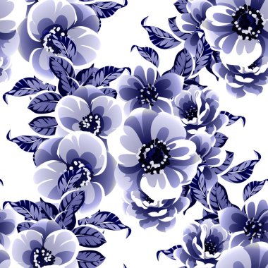 Kusursuz mavi monokrom klasik çiçek deseni