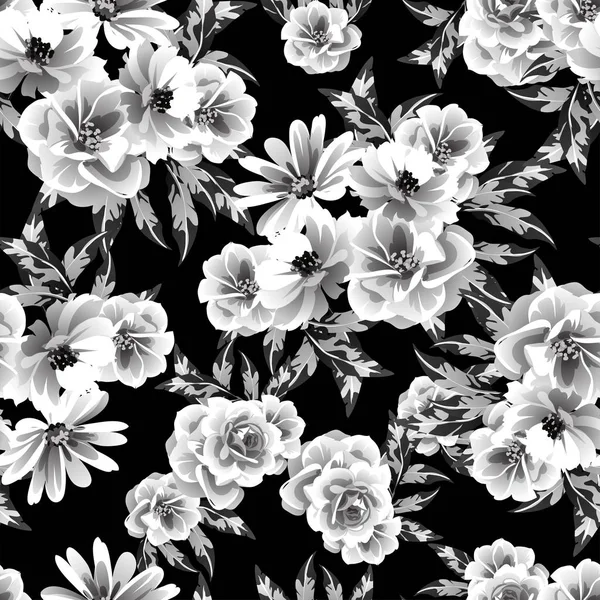 Seamless Monochrome Vintage Style Flowers Pattern — Stock Vector