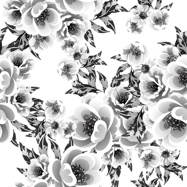 Sömlös Monokrom Vintage Stil Blommor Mönster — Stock vektor