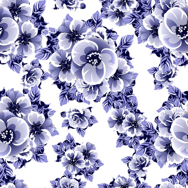 Nahtloses Blaues Monochromes Blumenmuster Vintage Stil — Stockvektor
