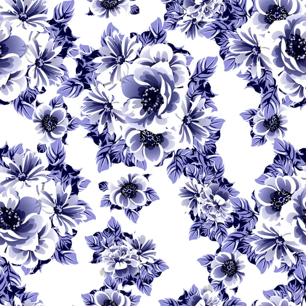 Patrón Flores Estilo Vintage Monocromo Azul Sin Costuras — Vector de stock