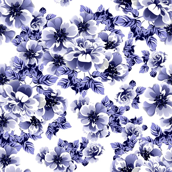 Patrón Flores Estilo Vintage Monocromo Azul Sin Costuras — Vector de stock