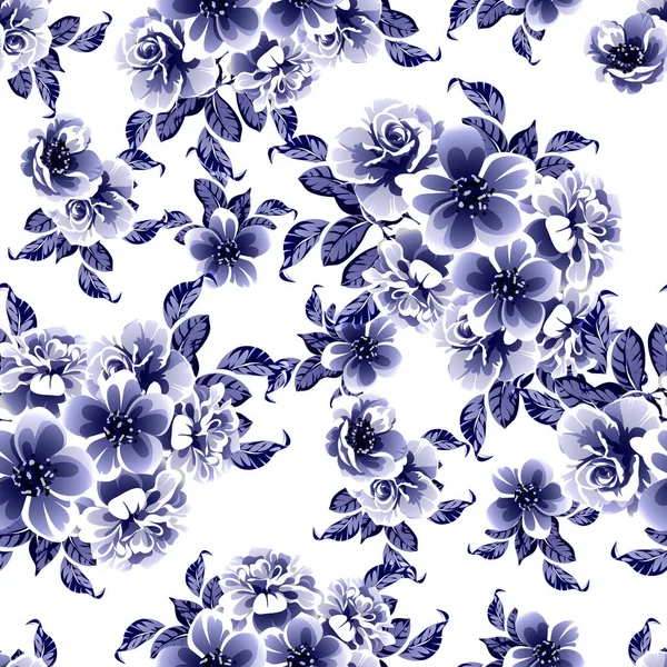 Seamless Blue Monochrome Vintage Style Flowers Pattern — Stock Vector