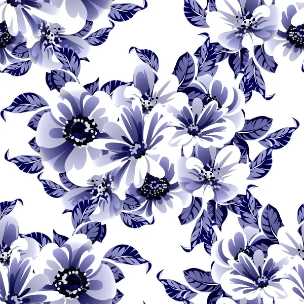 Bezešvé Modré Monochromatický Vinobraní Styl Květiny Vzor — Stockový vektor