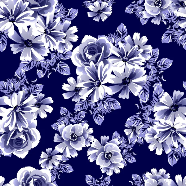 Senza Cuciture Blu Monocromatico Modello Fiori Stile Vintage — Vettoriale Stock