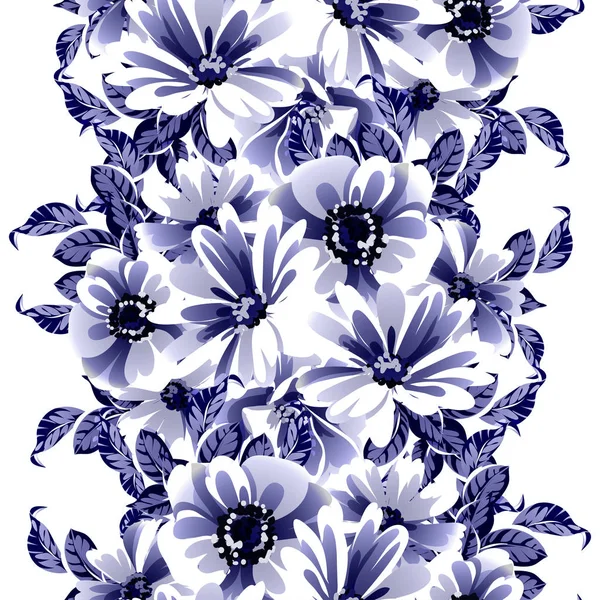 Цветы Бесшовного Синего Монохромного Винтажного Стиля — стоковый вектор