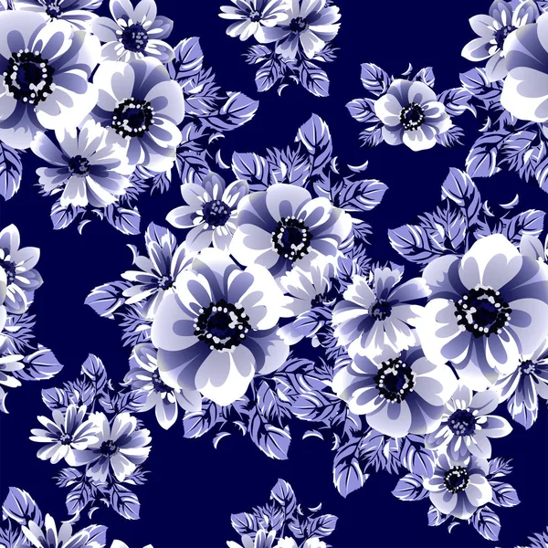 Płynny Niebieski Monochromatyczne Vintage Styl Kwiaty Wzór — Wektor stockowy