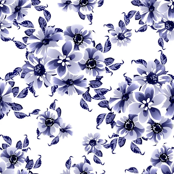 Seamless Blue Monochrome Vintage Style Flowers Pattern — Stock Vector