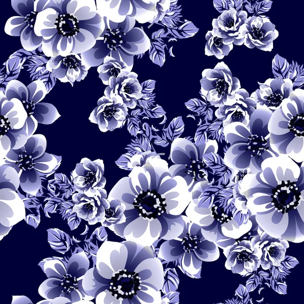 Bezszwowe Niebieski Kwiat Wzór Wektor Ilustracja — Wektor stockowy