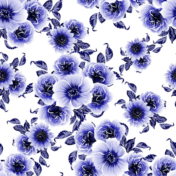 Azul Patrón Inconsútil Colorido Con Flores — Vector de stock