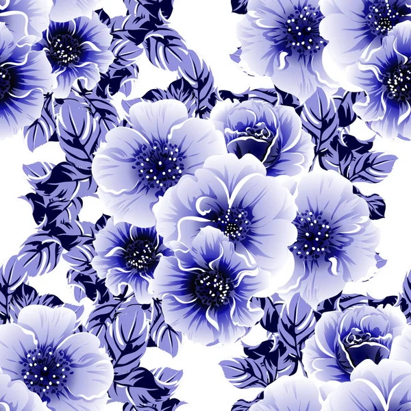 Kék Színű Zökkenőmentes Minta Virágokkal — Stock Vector