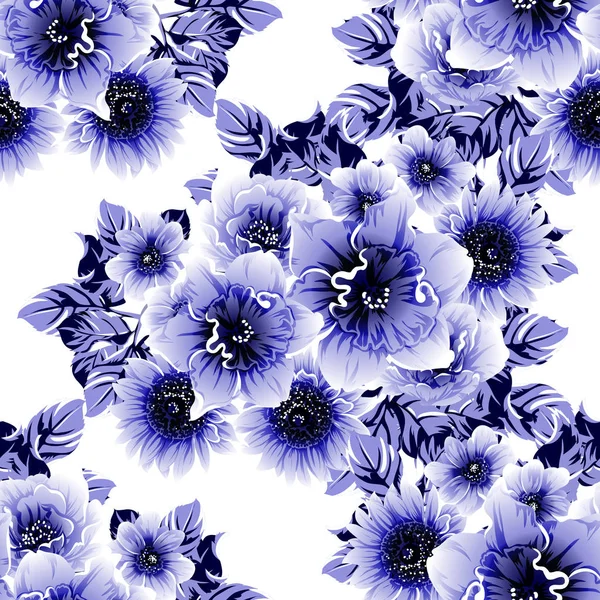 Azul Patrón Inconsútil Colorido Con Flores — Vector de stock