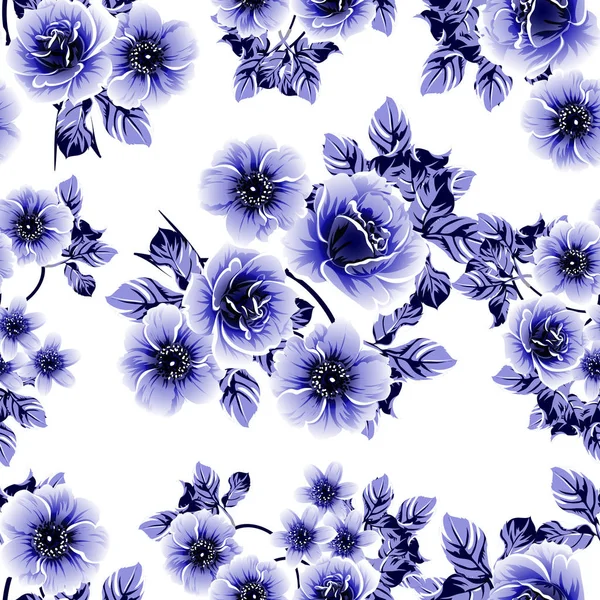 Azul Patrón Inconsútil Colorido Con Flores — Vector de stock