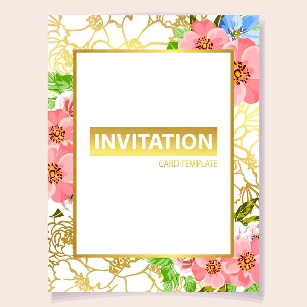 Schöne Blumen Blühen Einladungskarte Vorlage Einfach Vektorillustration — Stockvektor