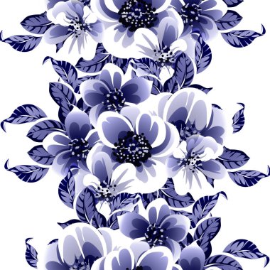 Kusursuz mavi monokrom klasik çiçek deseni