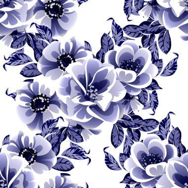 Kusursuz mavi monokrom klasik çiçek deseni