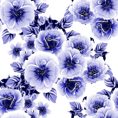 Kusursuz mavi monokrom klasik çiçek deseni