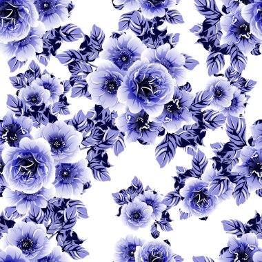 Kusursuz mavi monokrom klasik çiçek deseni