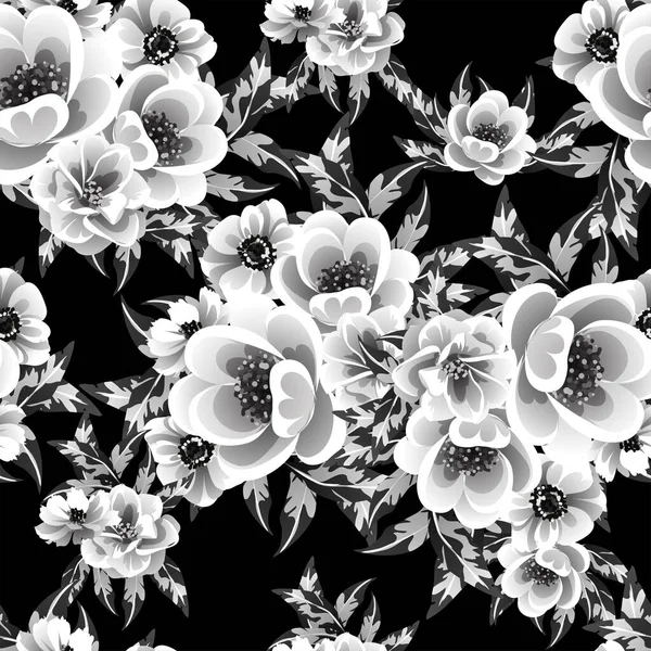 Senza Soluzione Continuità Modello Fiori Stile Vintage Monocromatico — Vettoriale Stock