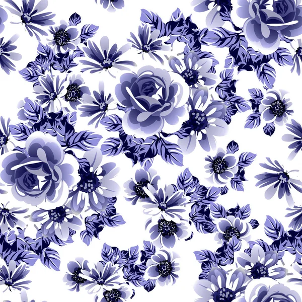 Patrón Flores Estilo Vintage Monocromo Azul Sin Costuras — Vector de stock