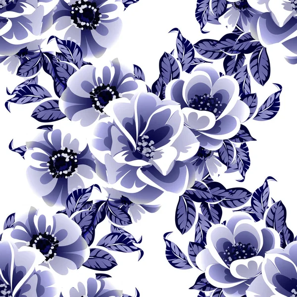 Seamless Blue Monochrome Vintage Style Flowers Pattern — Stock Vector