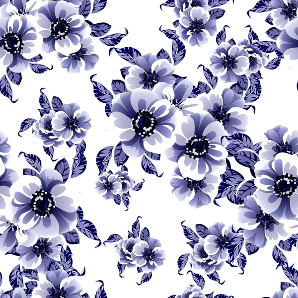 Patrón Flores Estilo Vintage Monocromo Azul Sin Costuras — Vector de stock