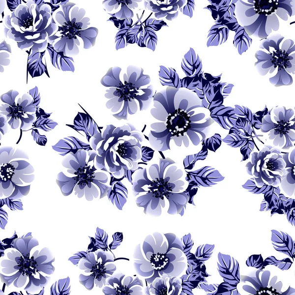 Patrón Flores Estilo Vintage Monocromo Azul Sin Costuras — Vector de stock