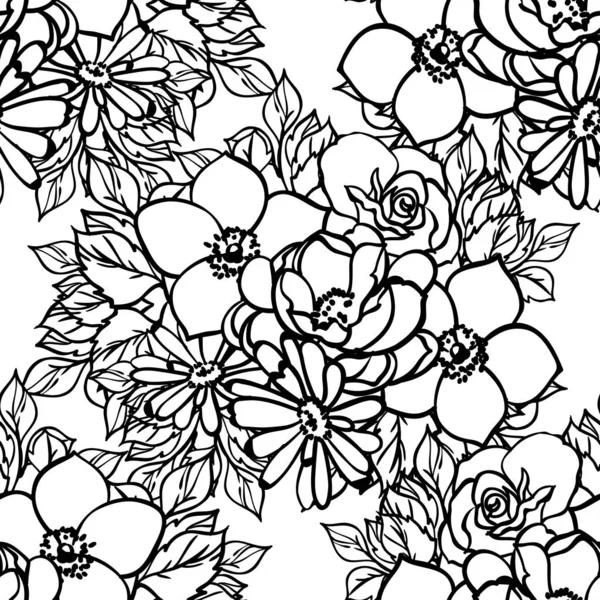 Nahtloses Monochromes Blumenmuster Vintage Stil — Stockvektor