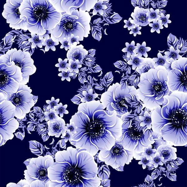 Senza Cuciture Blu Monocromatico Modello Fiori Stile Vintage — Vettoriale Stock