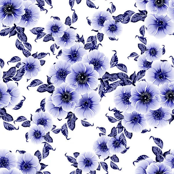 Patrón Flores Estilo Vintage Monocromo Azul Sin Costuras — Archivo Imágenes Vectoriales