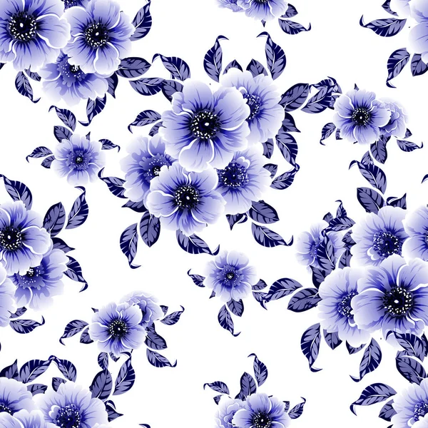 Patrón Flores Estilo Vintage Monocromo Azul Sin Costuras — Archivo Imágenes Vectoriales