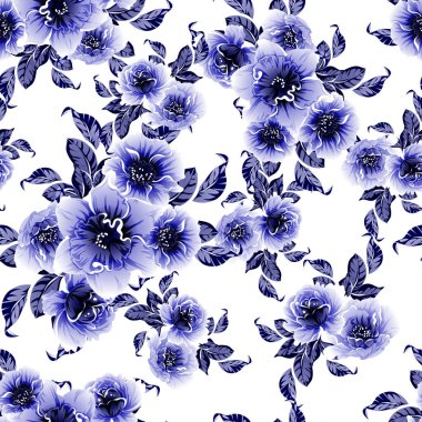 Kusursuz mavi monokrom klasik çiçek deseni