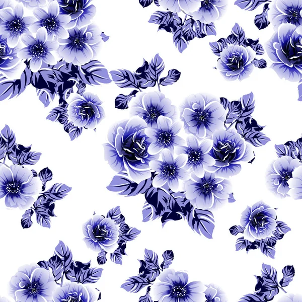 Sömlös Blå Monokrom Vintage Stil Blommor Mönster — Stock vektor
