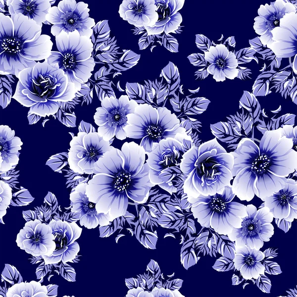 Patrón Flores Estilo Vintage Monocromo Azul Sin Costuras — Vector de stock