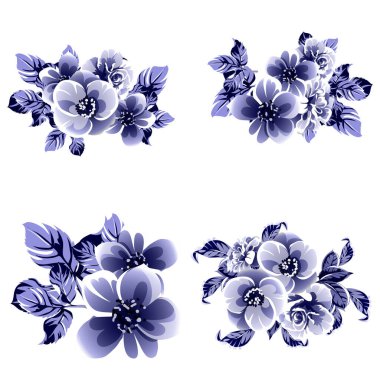 Kusursuz mavi monokrom klasik çiçek deseni