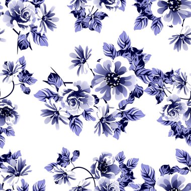 Kusursuz mavi monokrom klasik çiçek deseni
