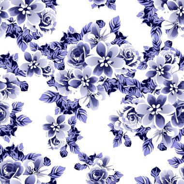 Kusursuz mavi monokrom klasik çiçek deseni