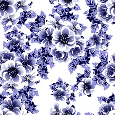 Kusursuz mavi monokrom klasik çiçek deseni