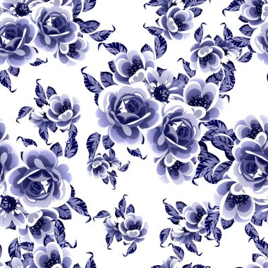 Kusursuz mavi monokrom klasik çiçek deseni
