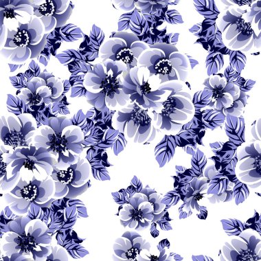 Kusursuz mavi monokrom klasik çiçek deseni