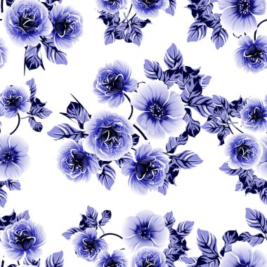 Kusursuz mavi monokrom klasik çiçek deseni
