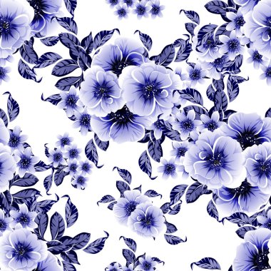 Kusursuz mavi monokrom klasik çiçek deseni