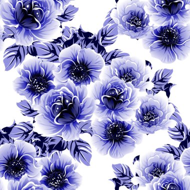 Kusursuz mavi monokrom klasik çiçek deseni