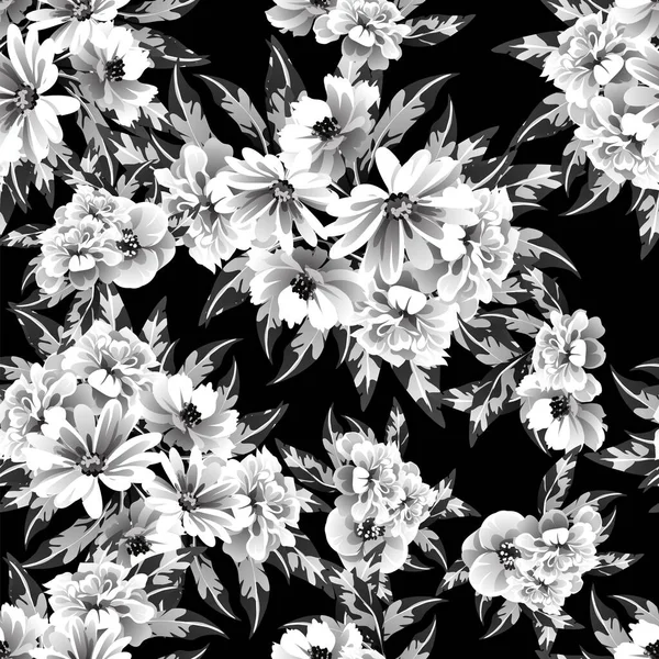 Seamless Monochrome Vintage Style Flowers Pattern — Stock Vector