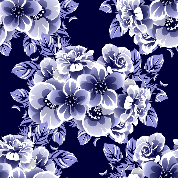 Sans Couture Bleu Monochrome Motif Fleurs Style Vintage — Image vectorielle